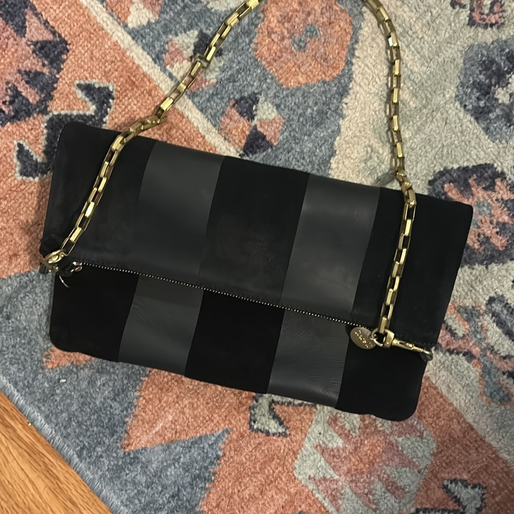 Clare V Foldover Clutch with Tabs Matte Suede and Black Leather Stripes